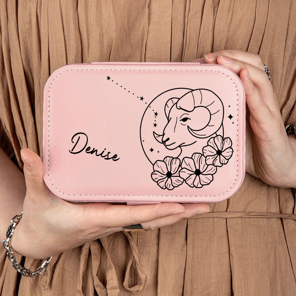 Personalized Birth Flower Zodiac Sign Jewelry Box with Name, PU Leather Travel Jewelry Case, Birthday/Christmas/Anniversary Gift for Women/Girls