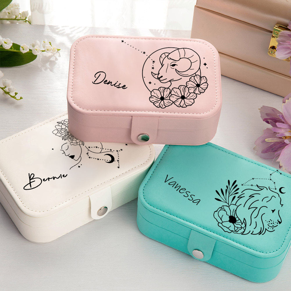 Personalized Birth Flower Zodiac Sign Jewelry Box with Name, PU Leather Travel Jewelry Case, Birthday/Christmas/Anniversary Gift for Women/Girls
