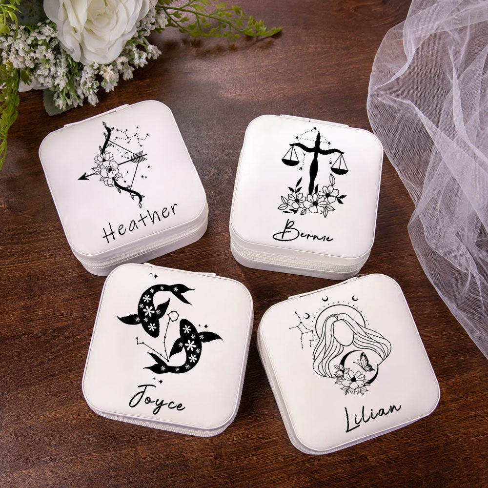 Personalized Birth Flower Zodiac Sign Jewelry Box with Name, PU Leather Travel Jewelry Case, Birthday/Christmas/Anniversary Gift for Women/Girls