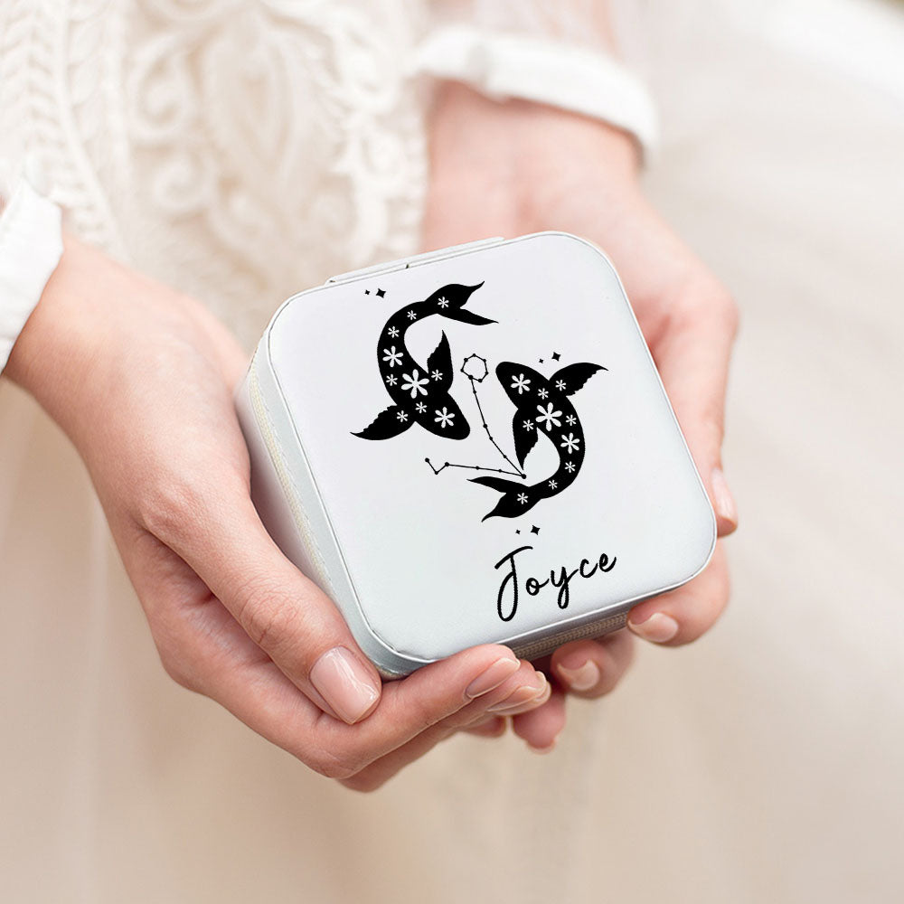 Personalized Birth Flower Zodiac Sign Jewelry Box with Name, PU Leather Travel Jewelry Case, Birthday/Christmas/Anniversary Gift for Women/Girls