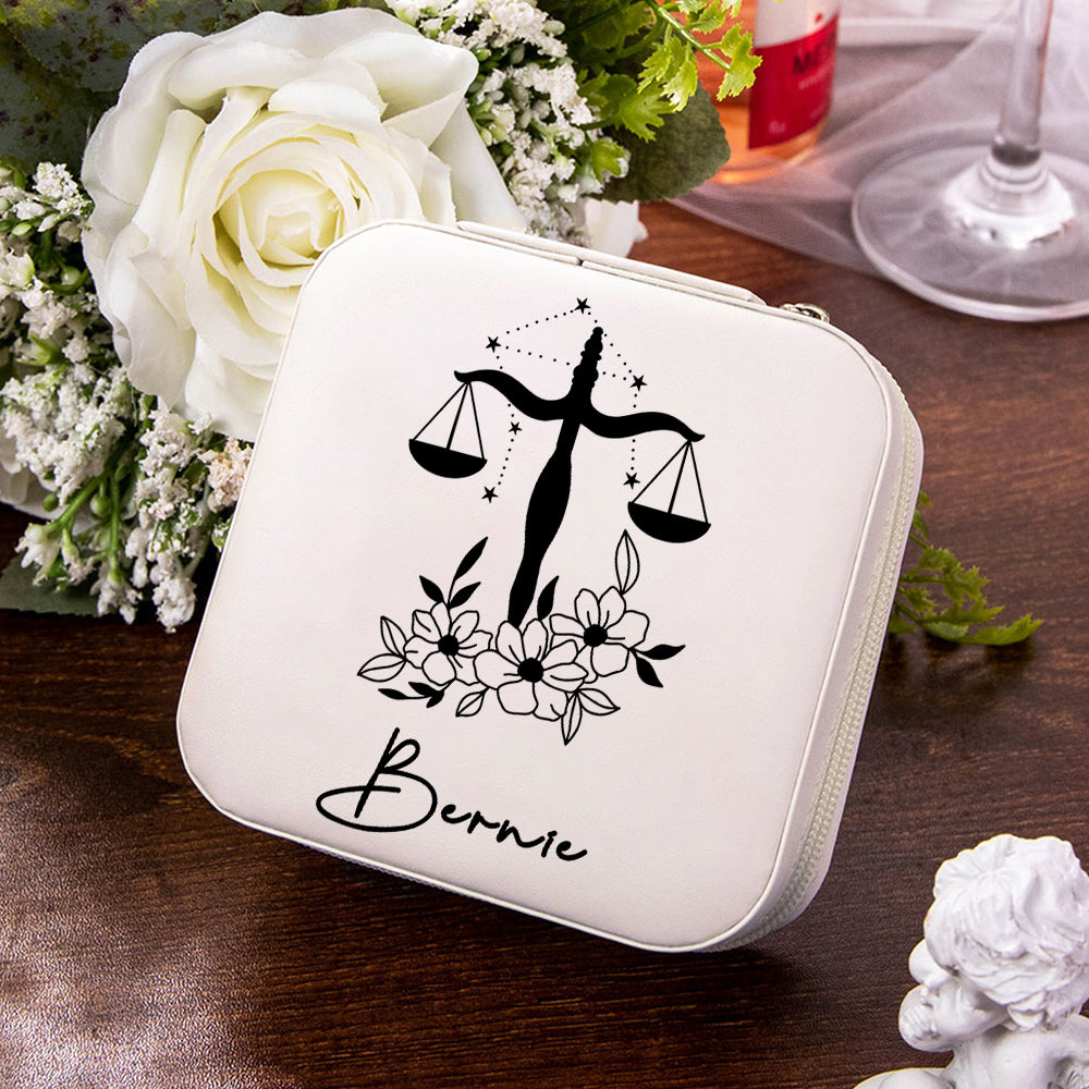 Personalized Birth Flower Zodiac Sign Jewelry Box with Name, PU Leather Travel Jewelry Case, Birthday/Christmas/Anniversary Gift for Women/Girls