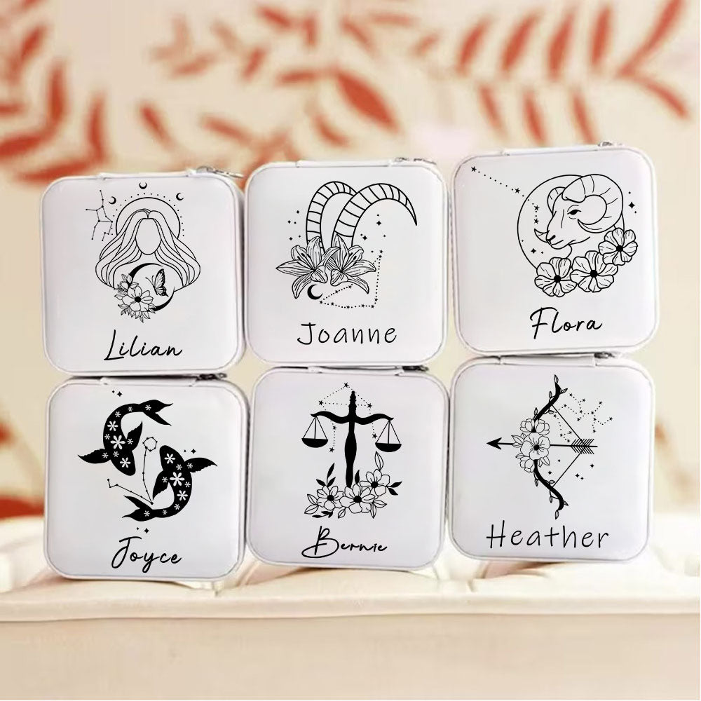 Personalized Birth Flower Zodiac Sign Jewelry Box with Name, PU Leather Travel Jewelry Case, Birthday/Christmas/Anniversary Gift for Women/Girls