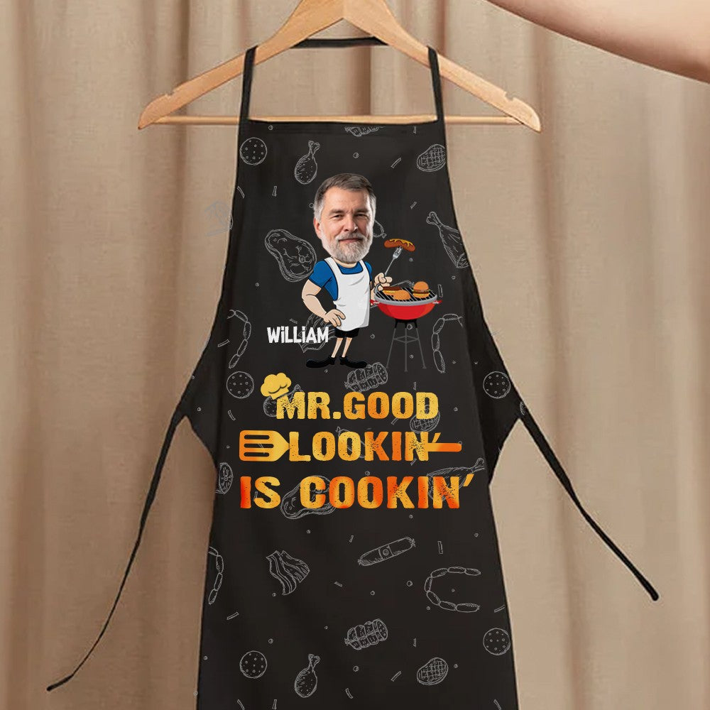 Personalized Face Photo Cartoon Design BBQ Apron, Custom Funny Men's Apron, Barbecue Party Favor, Father's Day Gift for Dad/Grandpa/Grill Lovers
