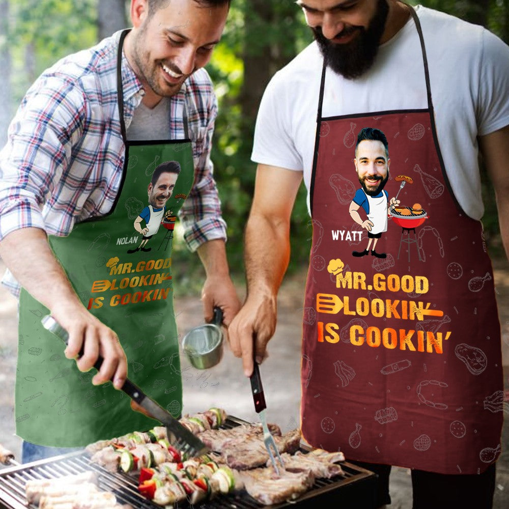 Personalized Face Photo Cartoon Design BBQ Apron, Custom Funny Men's Apron, Barbecue Party Favor, Father's Day Gift for Dad/Grandpa/Grill Lovers