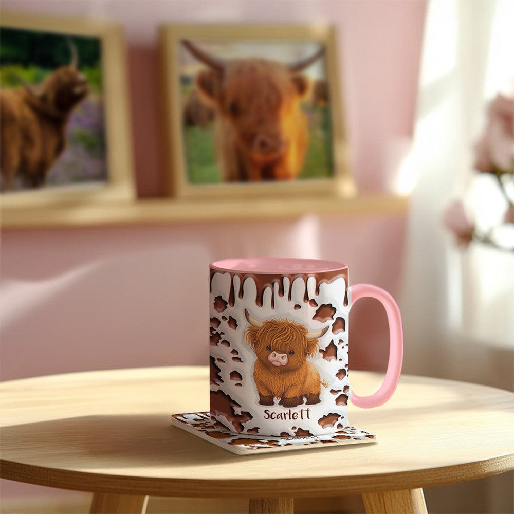 Personalized Highland Cow Mug with Name, 11oz/15oz Two Tone Ceramic Coffee Tea Mug with Coaster, Birthday/Christmas Gift for Highland Cow Lovers