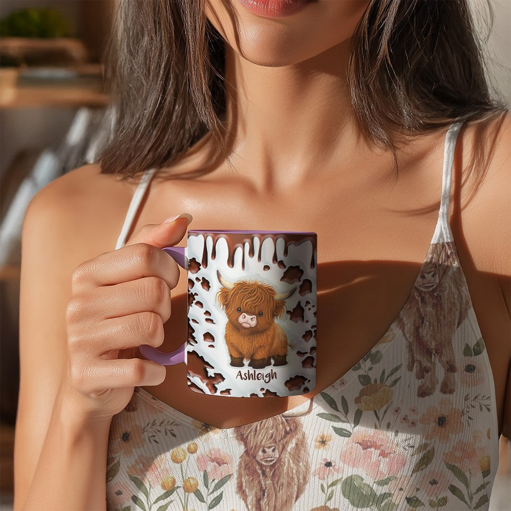 Personalized Highland Cow Mug with Name, 11oz/15oz Two Tone Ceramic Coffee Tea Mug with Coaster, Birthday/Christmas Gift for Highland Cow Lovers