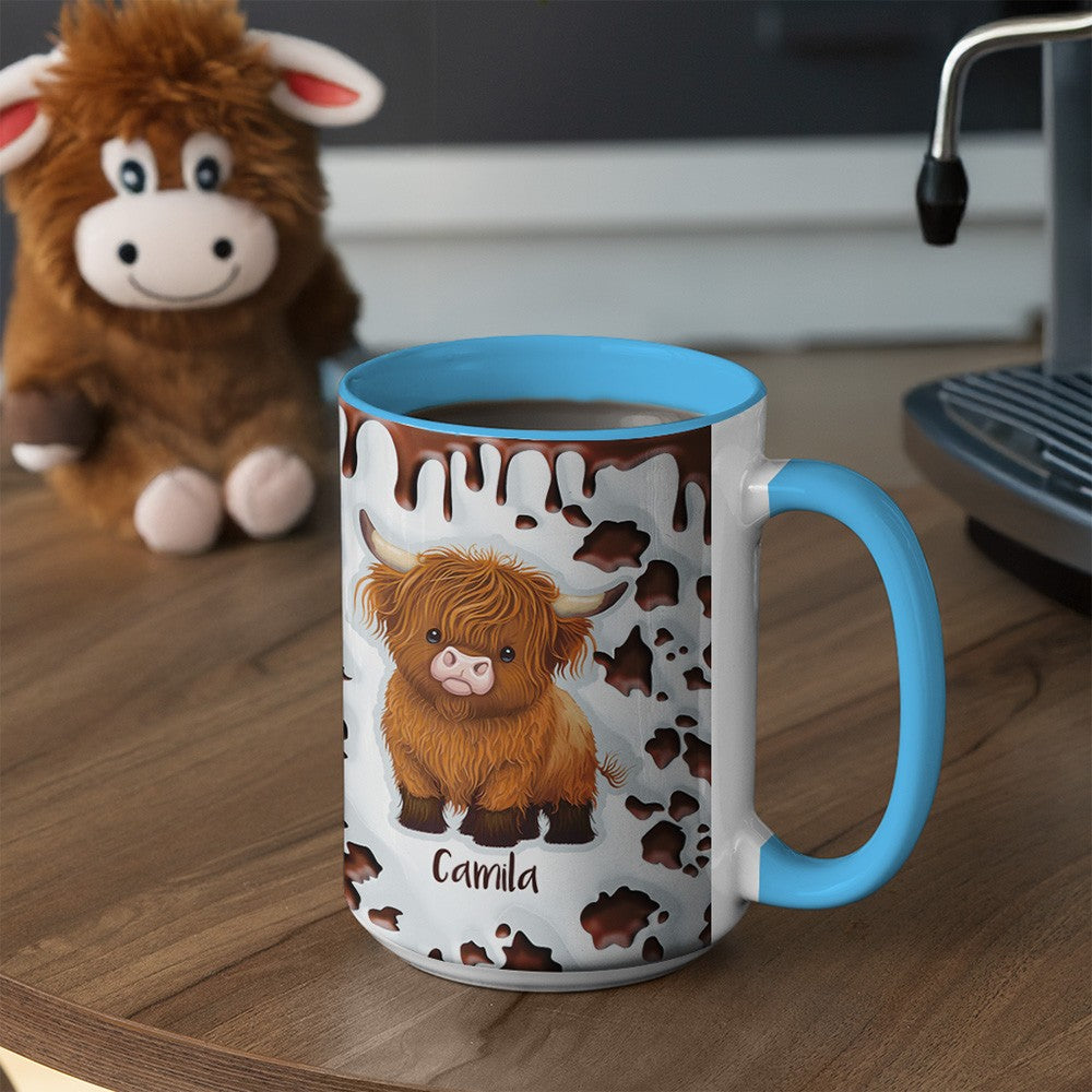 Personalized Highland Cow Mug with Name, 11oz/15oz Two Tone Ceramic Coffee Tea Mug with Coaster, Birthday/Christmas Gift for Highland Cow Lovers