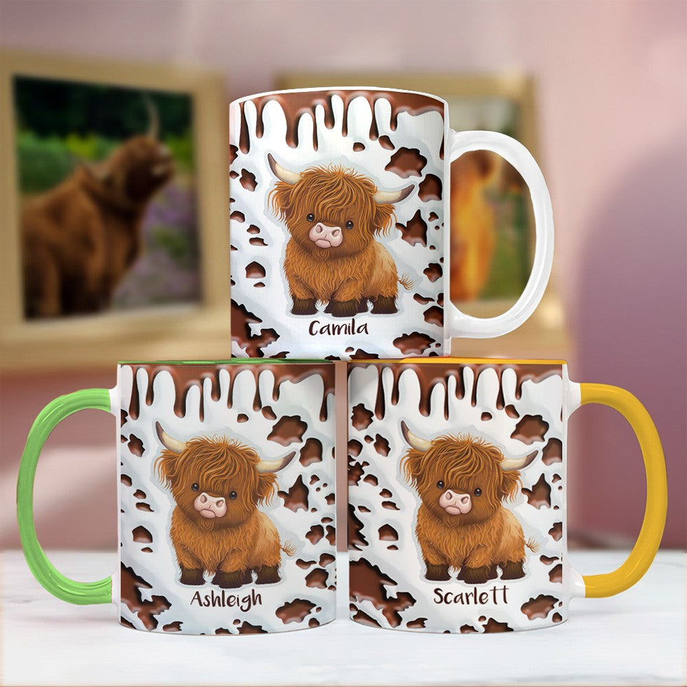 Personalized Highland Cow Mug with Name, 11oz/15oz Two Tone Ceramic Coffee Tea Mug with Coaster, Birthday/Christmas Gift for Highland Cow Lovers