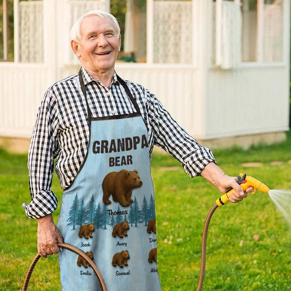 Personalized Papa Bear & Cubs Apron with Names, Custom Men's Waterproof Apron, Family BBQ Party Favor, Birthday/Father's Day Gift for Dad/Grandpa