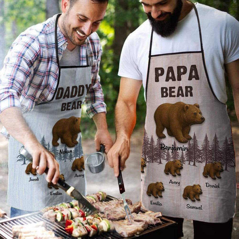Personalized Papa Bear & Cubs Apron with Names, Custom Men's Waterproof Apron, Family BBQ Party Favor, Birthday/Father's Day Gift for Dad/Grandpa