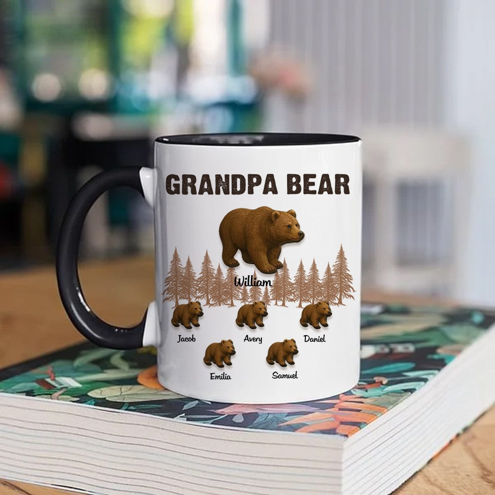 Personalized Papa Bear & Cubs Mug with Names, 11oz Ceramic Coffee Tea Mug with Color Inside, Birthday/Father's Day Gift for Dad/Grandpa/Husband