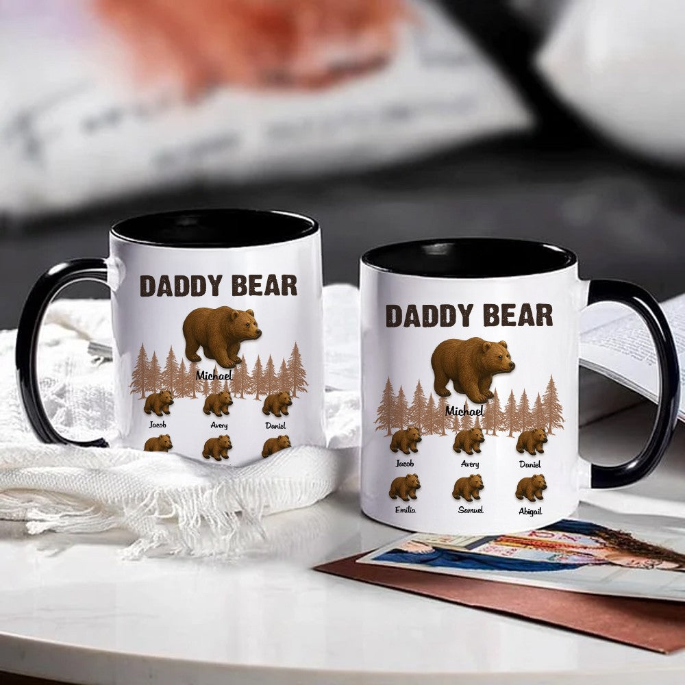 Personalized Papa Bear & Cubs Mug with Names, 11oz Ceramic Coffee Tea Mug with Color Inside, Birthday/Father's Day Gift for Dad/Grandpa/Husband