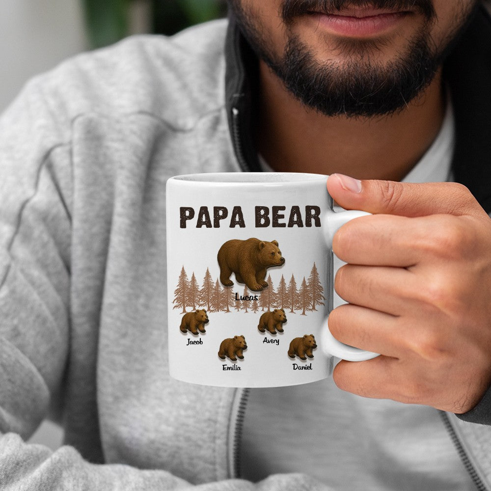 Personalized Papa Bear & Cubs Mug with Names, 11oz Ceramic Coffee Tea Mug with Color Inside, Birthday/Father's Day Gift for Dad/Grandpa/Husband