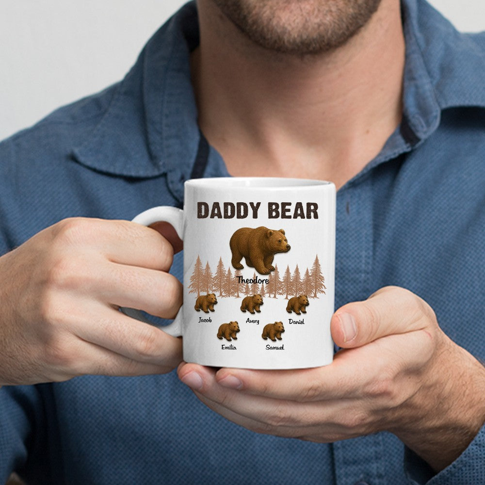 Personalized Papa Bear & Cubs Mug with Names, 11oz Ceramic Coffee Tea Mug with Color Inside, Birthday/Father's Day Gift for Dad/Grandpa/Husband