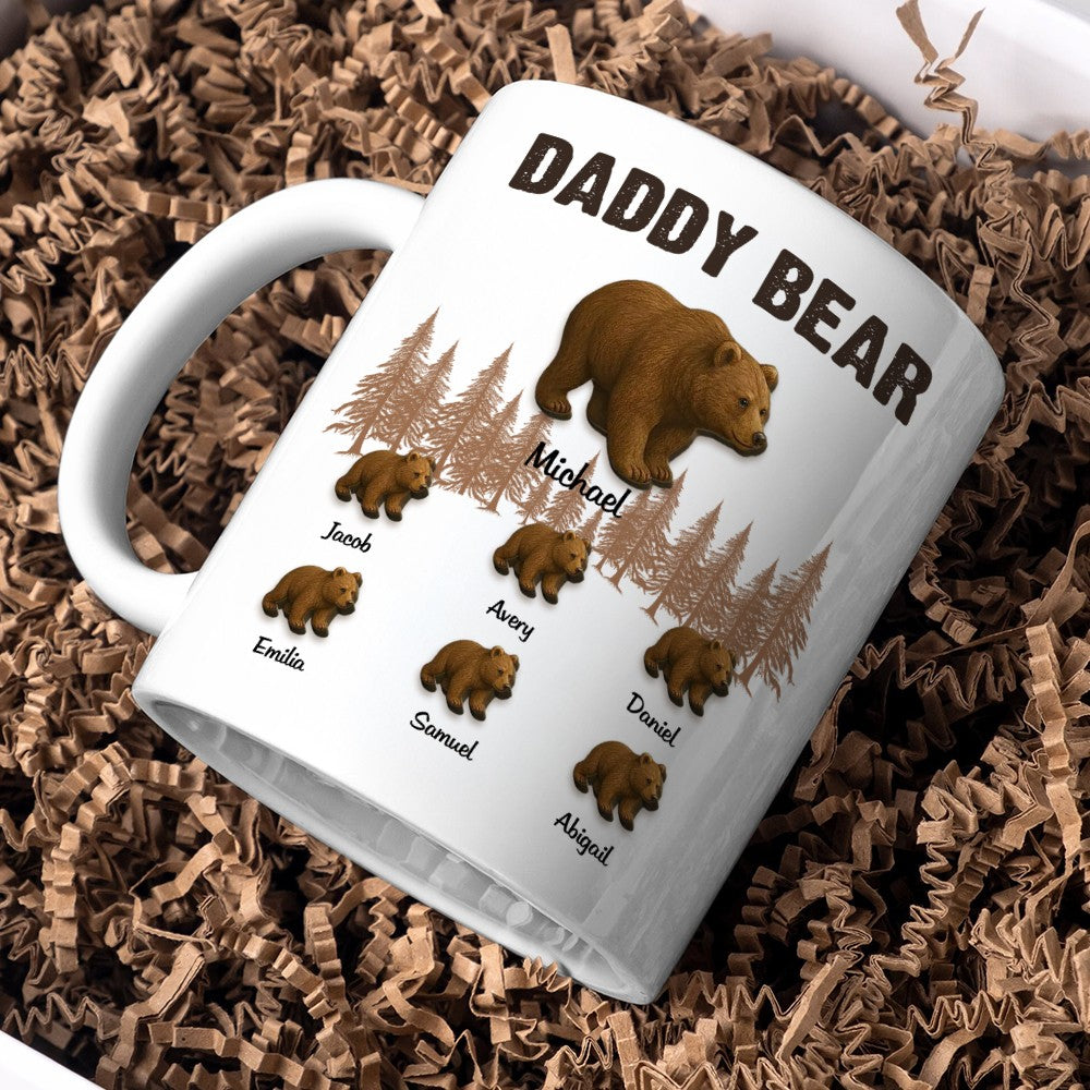 Personalized Papa Bear & Cubs Mug with Names, 11oz Ceramic Coffee Tea Mug with Color Inside, Birthday/Father's Day Gift for Dad/Grandpa/Husband