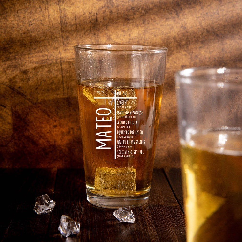 Personalized Cross Bible Verses Beer Pint Glass with Name, 16oz Clear Frosted Beer Mug, Father's Day/Birthday/Christian Gift for Dad/Grandpa/Family