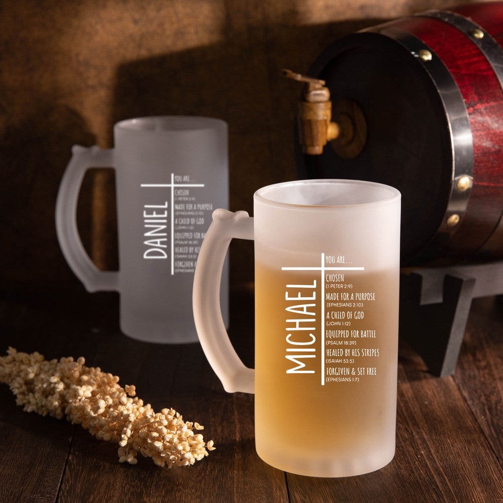 Personalized Cross Bible Verses Beer Pint Glass with Name, 16oz Clear Frosted Beer Mug, Father's Day/Birthday/Christian Gift for Dad/Grandpa/Family