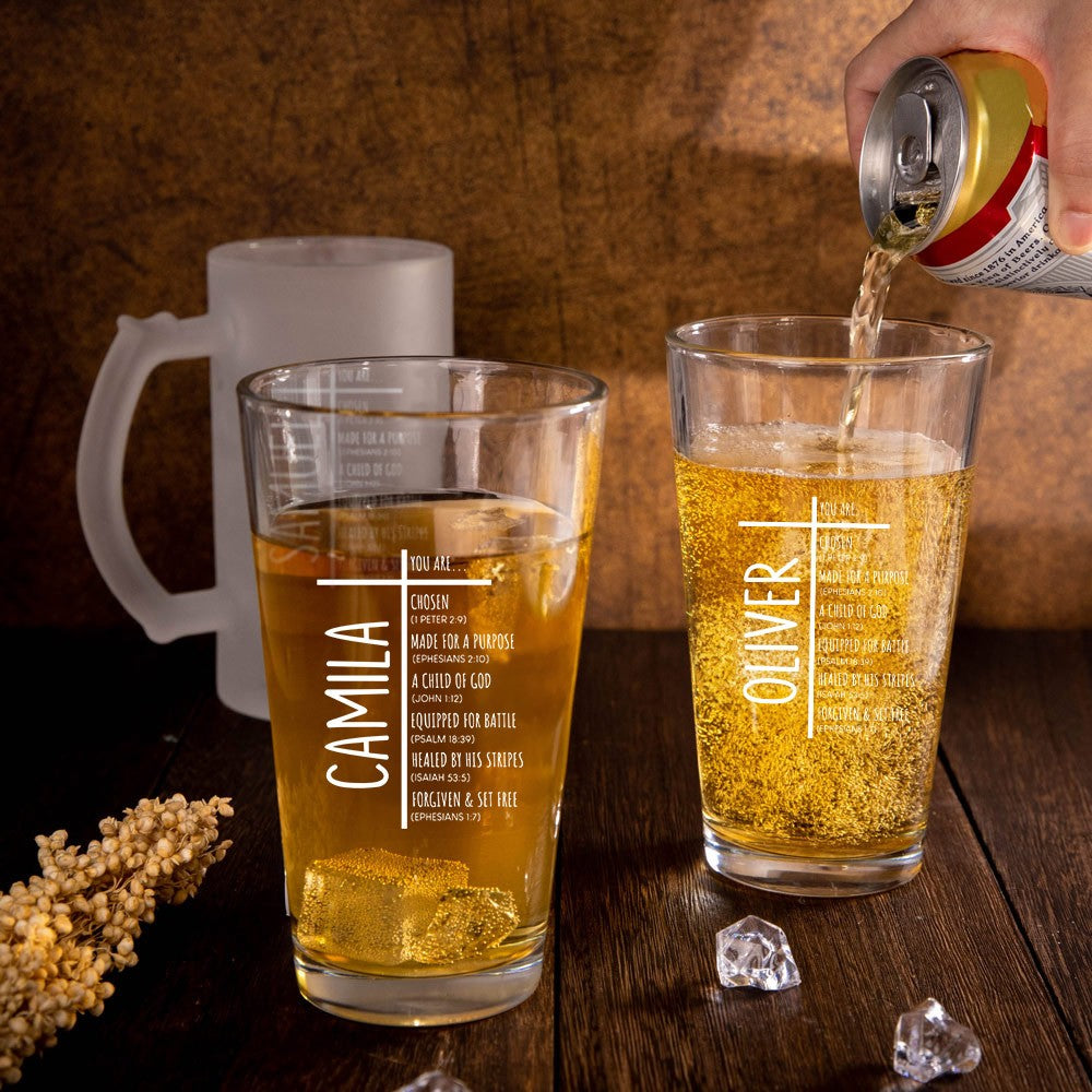 Personalized Cross Bible Verses Beer Pint Glass with Name, 16oz Clear Frosted Beer Mug, Father's Day/Birthday/Christian Gift for Dad/Grandpa/Family