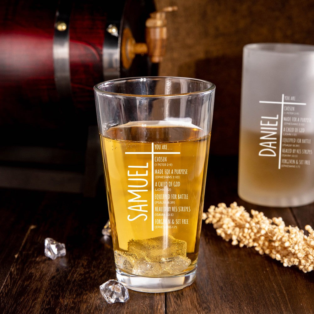Personalized Cross Bible Verses Beer Pint Glass with Name, 16oz Clear Frosted Beer Mug, Father's Day/Birthday/Christian Gift for Dad/Grandpa/Family