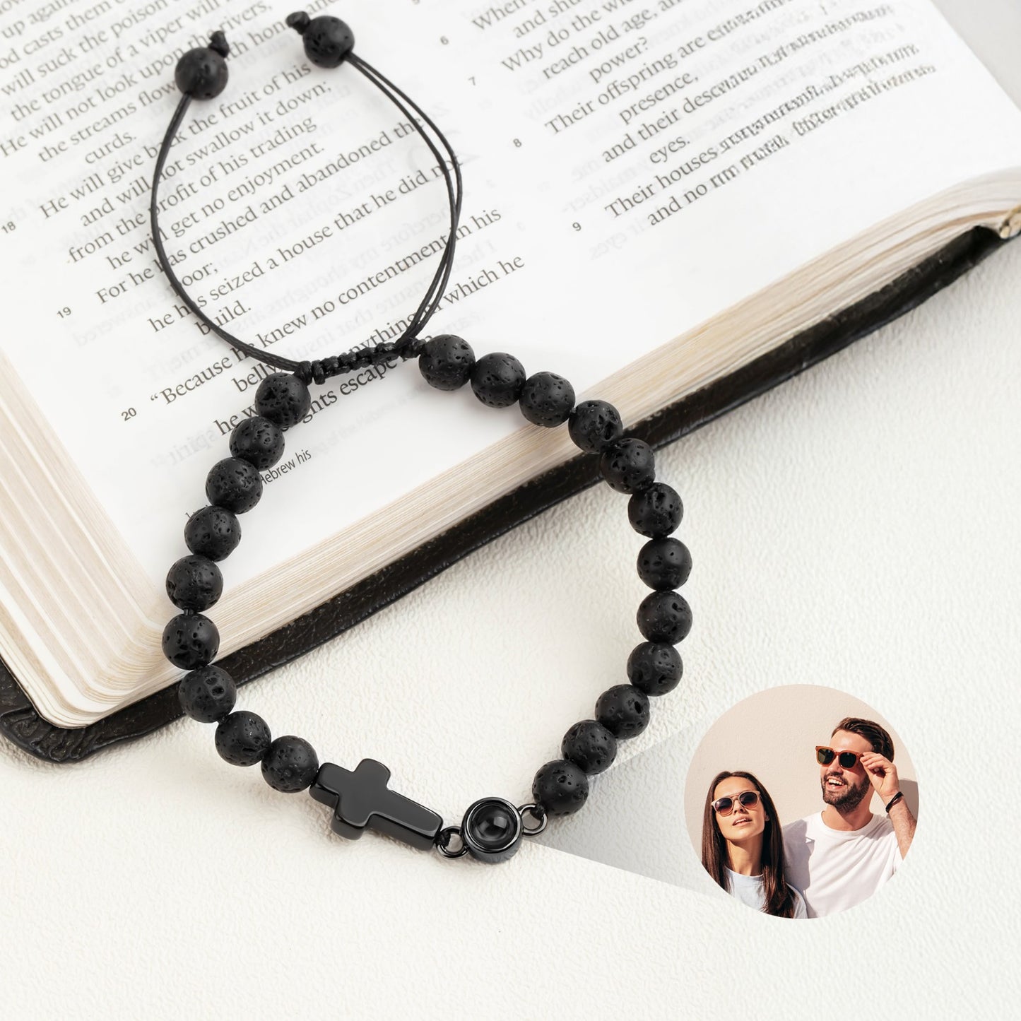 Personalized Photo Projection Cross Tiger Eye Bracelet, Natural Healing Stone Adjustable Warp Bracelet, Birthday/Christmas Gift for Her/Him/Family