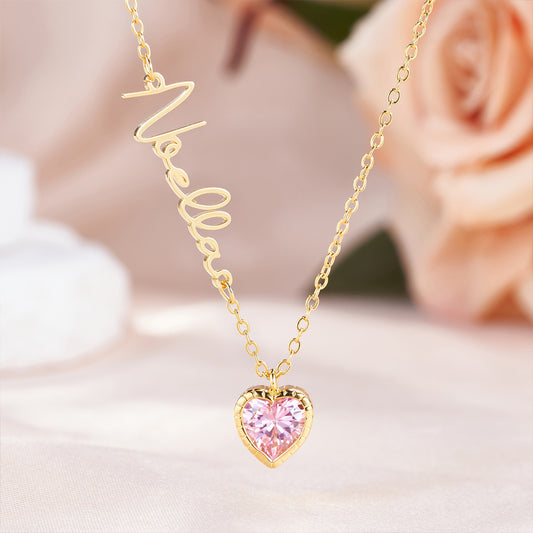 Personalized Sideway Name Necklace with Heart Birthstone, Women's Jewelry, Valentine's Day/Anniversary/Birthday Gift for Wife/Girlfriend/Bestie