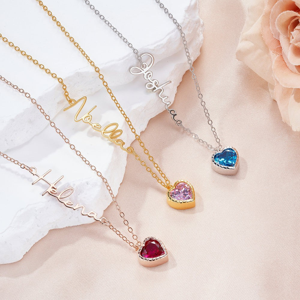 Personalized Sideway Name Necklace with Heart Birthstone, Women's Jewelry, Valentine's Day/Anniversary/Birthday Gift for Wife/Girlfriend/Bestie