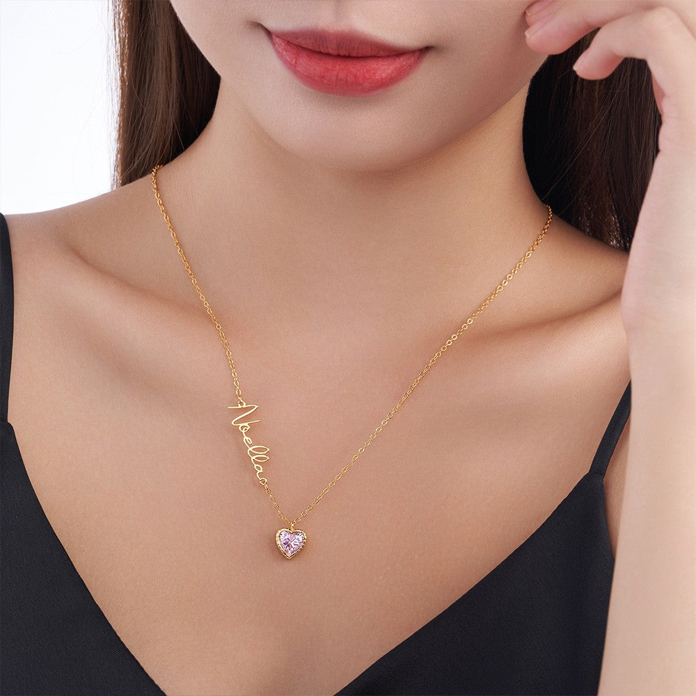 Personalized Sideway Name Necklace with Heart Birthstone, Women's Jewelry, Valentine's Day/Anniversary/Birthday Gift for Wife/Girlfriend/Bestie