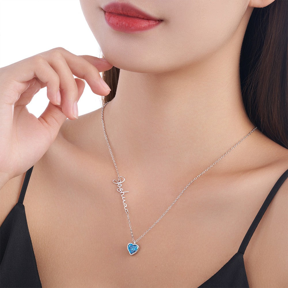 Personalized Sideway Name Necklace with Heart Birthstone, Women's Jewelry, Valentine's Day/Anniversary/Birthday Gift for Wife/Girlfriend/Bestie