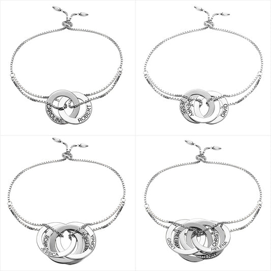 Engraved Interlocking Russian Rings Sterling Silver Bracelet
