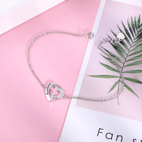 Customized Heart Birthstone Silver Bracelet