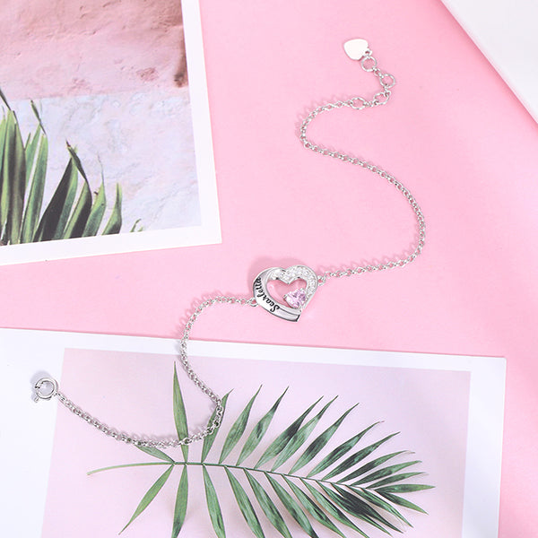 Customized Heart Birthstone Silver Bracelet