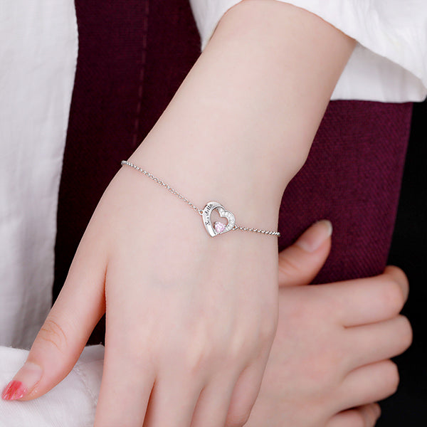 Customized Heart Birthstone Silver Bracelet