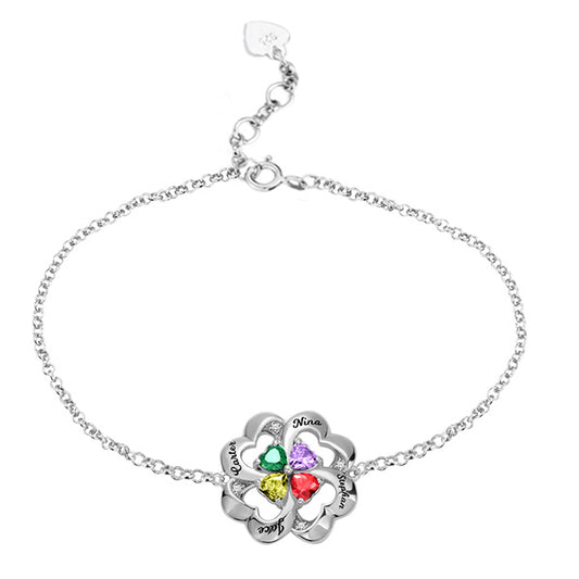 Personalized Four Heart Birthstone Bracelet in Silver