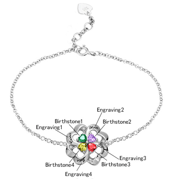 Personalized Four Heart Birthstone Bracelet in Silver