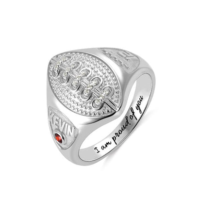 Personalized Silver Football Ring with Engraved Birthstone