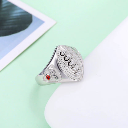 Personalized Silver Football Ring with Engraved Birthstone