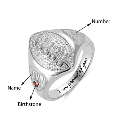 Personalized Silver Football Ring with Engraved Birthstone