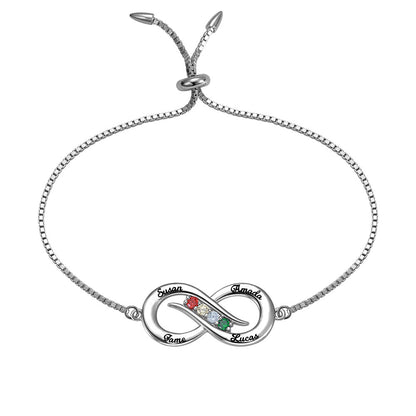 Custom Infinity 4 names Silver Bracelet with Birthstones