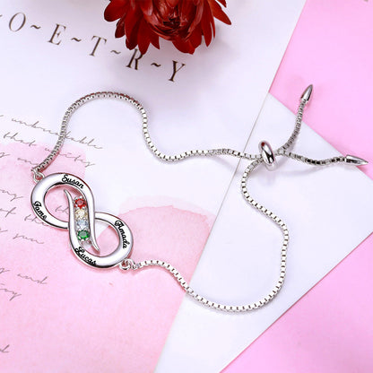 Custom Infinity 4 names Silver Bracelet with Birthstones