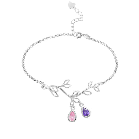 Custom Family Tree Branch Birthstone Bracelet Silver