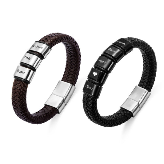 Customizable Weave Leather Bracelet with 1-8 Engraved Name Beads, Family Name Jewelry, Birthday Father's Day Gift for Men