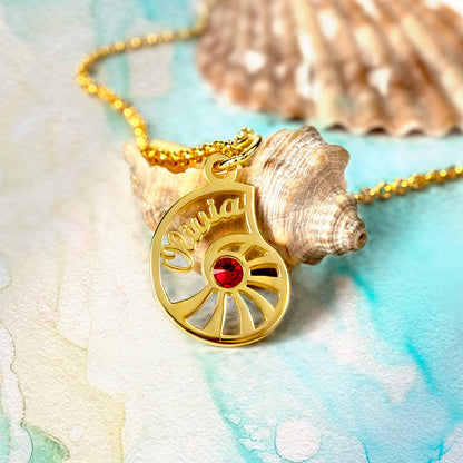 Personalized Name Conch Necklace and Bracelet with Birthstone in Gold