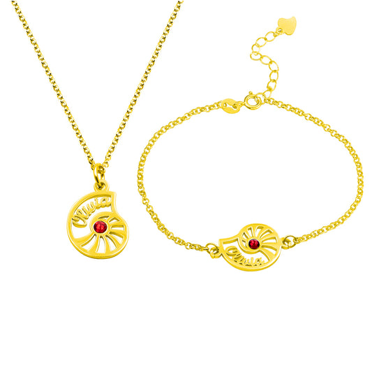 Personalized Name Conch Necklace and Bracelet with Birthstone in Gold