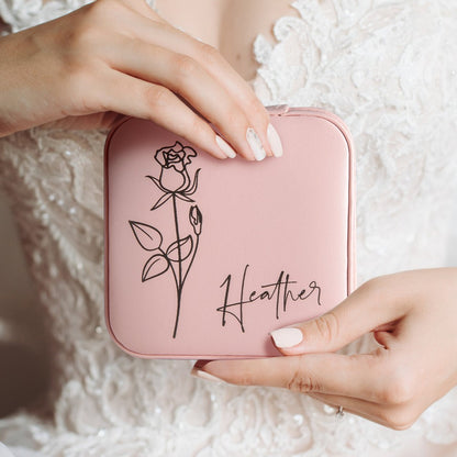 Custom Name Birth Flower Jewelry Travel Case, Vegan Leather Jewelry Organizer Box, Birthday/Mother's Day/Wedding Gift for Mother/Wife/Bridesmaids