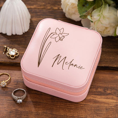 Custom Name Birth Flower Jewelry Travel Case, Vegan Leather Jewelry Organizer Box, Birthday/Mother's Day/Wedding Gift for Mother/Wife/Bridesmaids