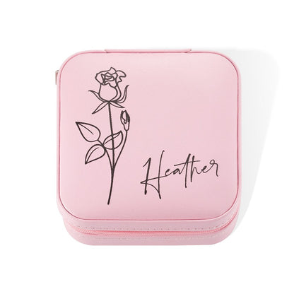Custom Name Birth Flower Jewelry Travel Case, Vegan Leather Jewelry Organizer Box, Birthday/Mother's Day/Wedding Gift for Mother/Wife/Bridesmaids