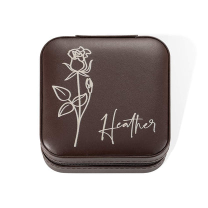 Custom Name Birth Flower Jewelry Travel Case, Vegan Leather Jewelry Organizer Box, Birthday/Mother's Day/Wedding Gift for Mother/Wife/Bridesmaids