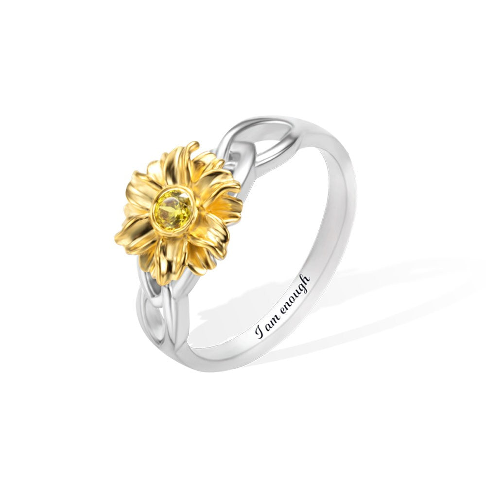 Personalized Name Sunflower Ring with Birthstone, Sterling Silver/Brass Sunflower Jewelry, You are My Sunshine Ring, Gift for Girl/Mother/Wife