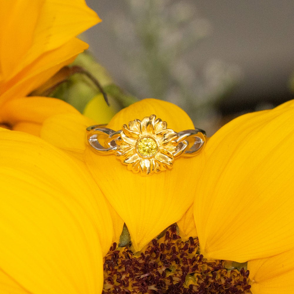 Personalized Name Sunflower Ring with Birthstone, Sterling Silver/Brass Sunflower Jewelry, You are My Sunshine Ring, Gift for Girl/Mother/Wife