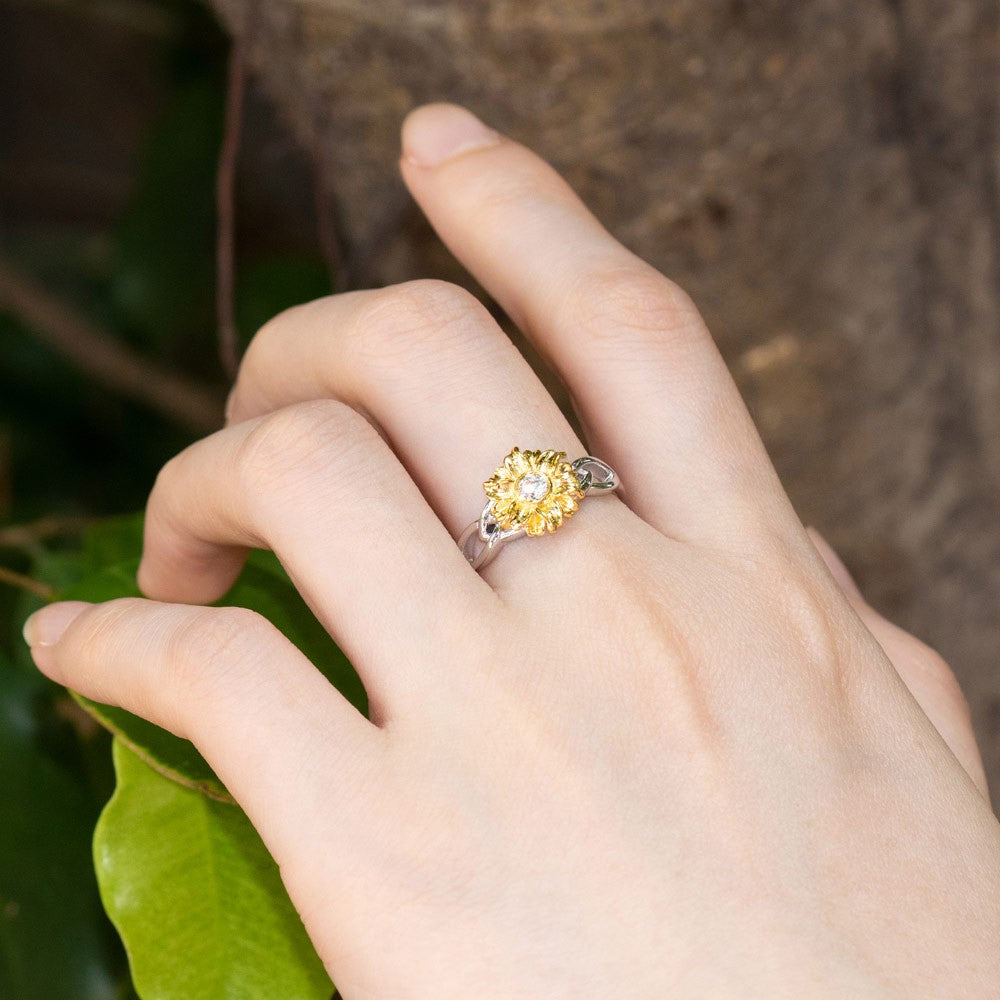 Personalized Name Sunflower Ring with Birthstone, Sterling Silver/Brass Sunflower Jewelry, You are My Sunshine Ring, Gift for Girl/Mother/Wife